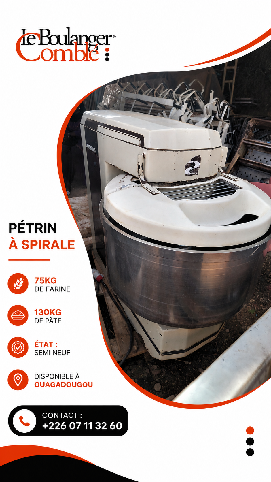 Pétrin à spirale Sancassiano 75 kg – 130 kg pâte (semi-neuf) – Image 2