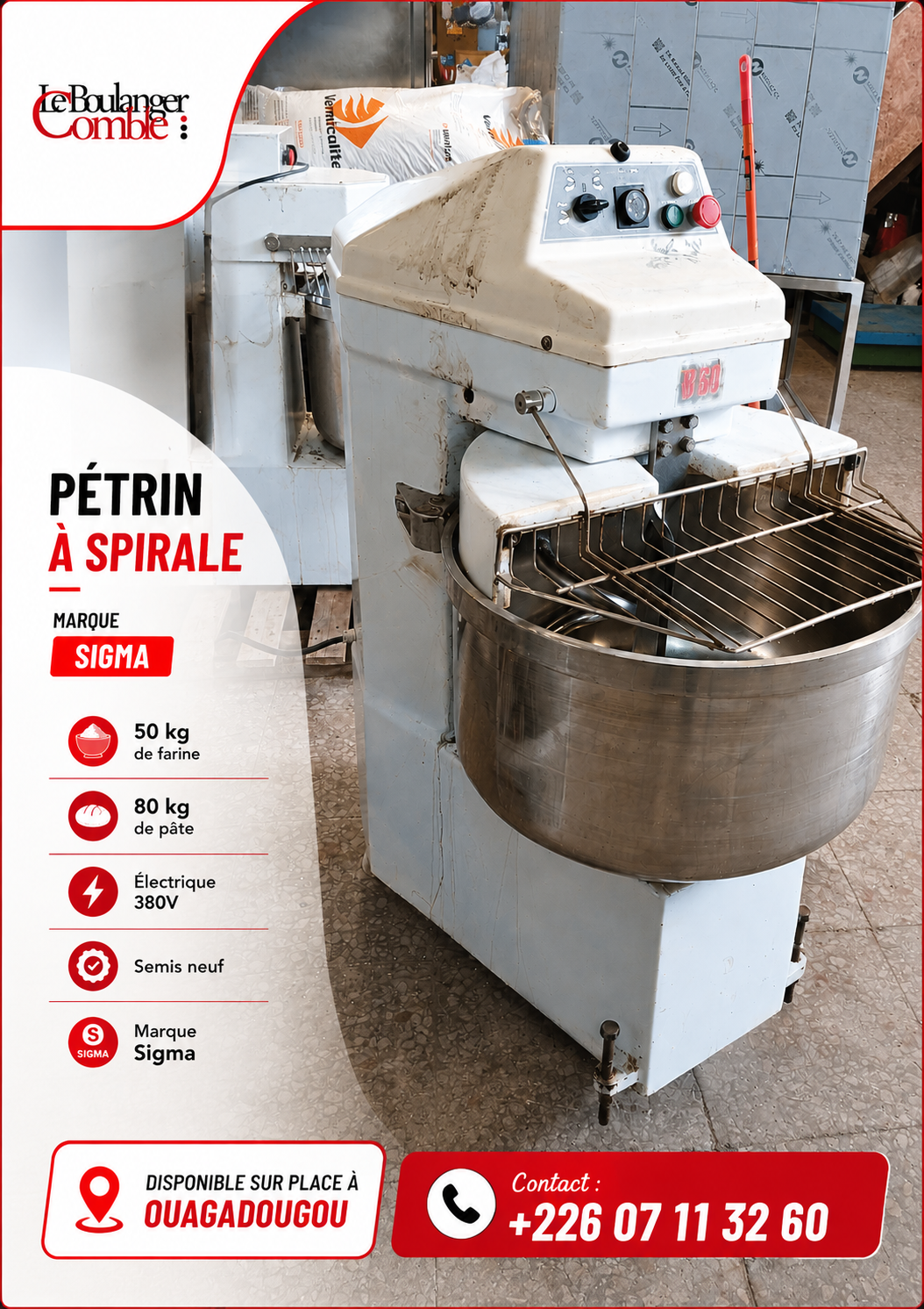 Pétrin à spirale SIGMA 40 kg – 60 kg pâte (semi-neuf) – Image 2